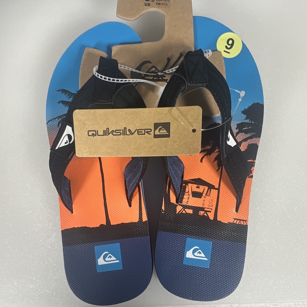 Quiksilver Men's Size 9 Flip Flop Sandals Blue Black Orange Logo Beach Surf